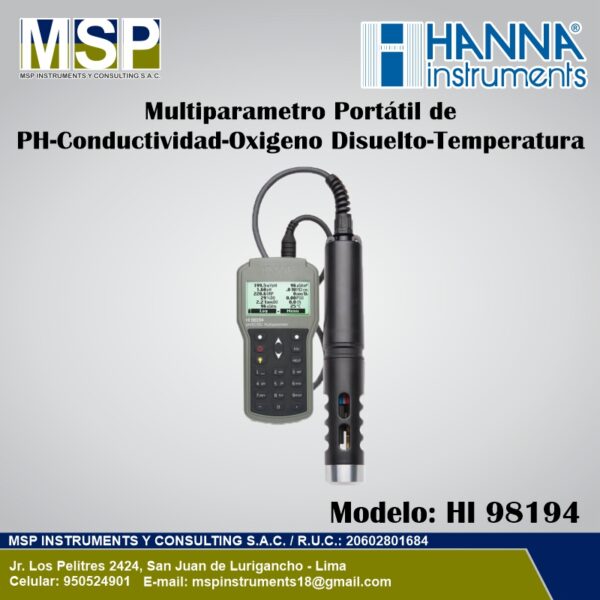 Medidor Multiparametrico Portatil Hanna HI 98194 Medidor multiparamétrico portátil de pH conductividad oxigeno disuelto y temperatura Hanna Instruments modelo HI 98194.