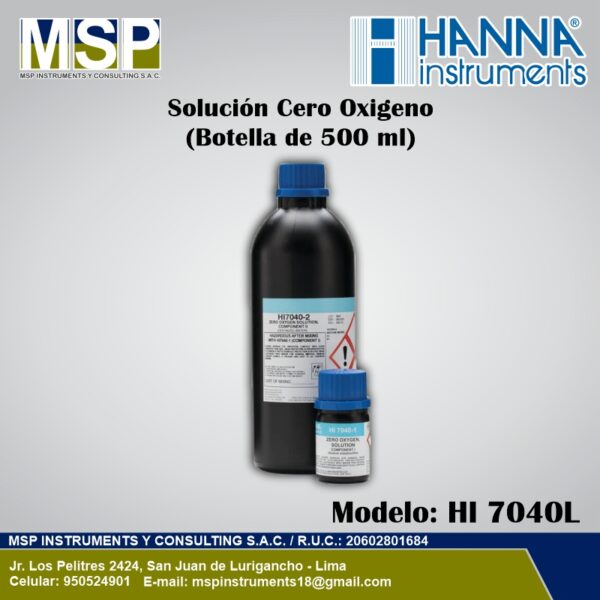 Solución de calibración de oxígeno cero Hanna Instruments de 500 ml modelo HI 7040L.