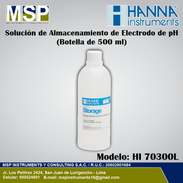 Solución de almacenamiento de electrodos de pH Hanna Instruments de 500 ml modelo HI 70300L.