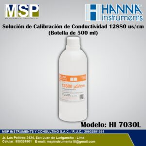 Solución de calibración de conductividad 12880 uS/cm Hanna Instruments de 500 ml modelo HI 7030L.