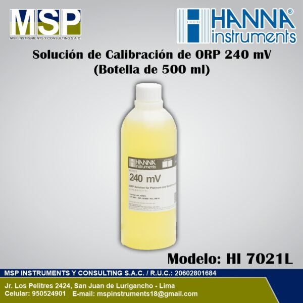 Solución de calibración de ORP 240 mV Hanna Instruments de 500 ml modelo HI 7021L.