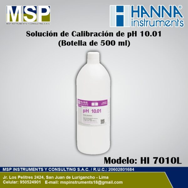 Solución de calibración de pH 10.01 Hanna Instruments de 500 ml modelo HI 7010L.