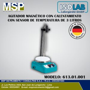 Agitador magnético con plancha de calentamiento de 3 litros ISOLAB modelo 613.01.001 con sensor de temperatura.