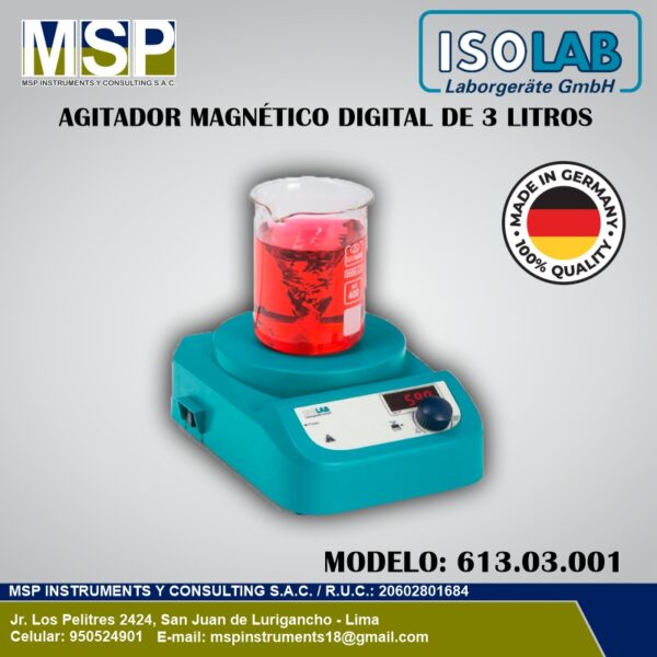 Agitador Magnético Digital de 3 L y 1500 RPM - ISOLAB Agitador magnético digital de 3 litros y 1500 RPM ISOLAB modelo 613.03.001.