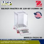 Balanza analítica OHAUS modelo EX224/AD de 220 gr x 0.0001 gr de MSP Instrumentos.