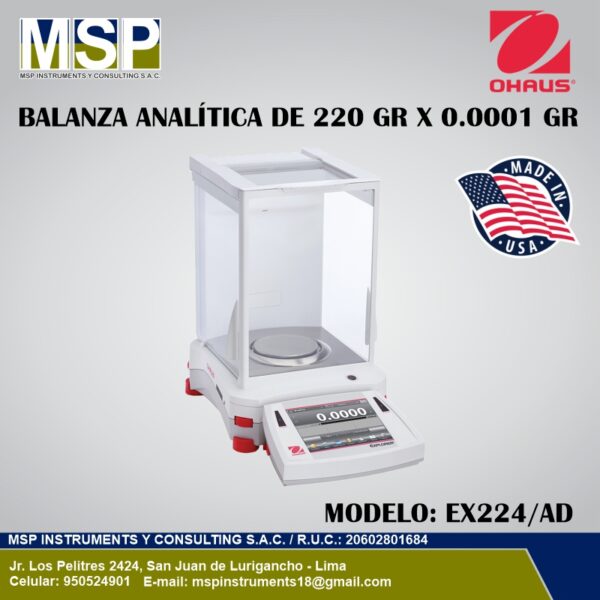 Balanza Analítica OHAUS EX224/AD Explorer Puertas Automáticas Balanza analítica OHAUS modelo EX224/AD de 220 gr x 0.0001 gr de MSP Instrumentos.
