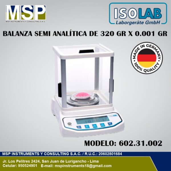 Balanza semi analítica de 320 g x 0.001 g ISOLAB modelo 602.31.002 con vitrina antiviento.