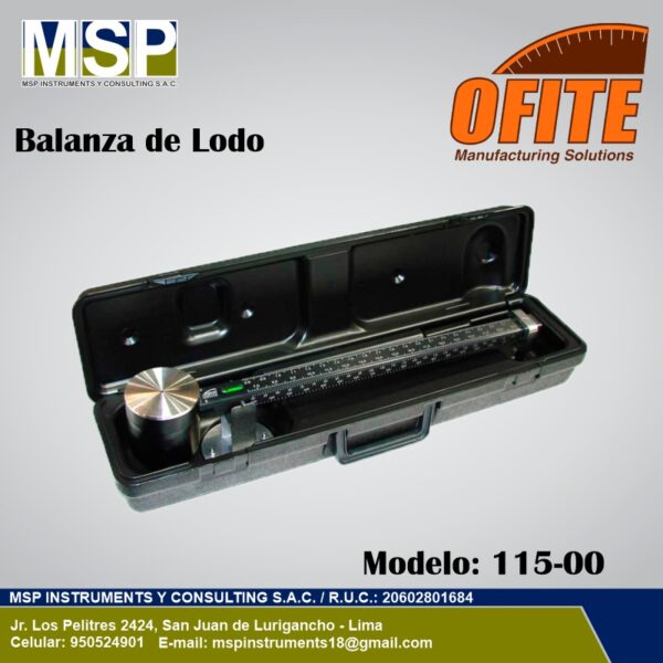 Balanza de lodo OFITE modelo 115-00 con estuche para medición de densidad.