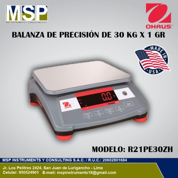 Balanza de precisión OHAUS modelo R21PE30ZH de 30 kg x 1 gr de MSP Instrumentos.