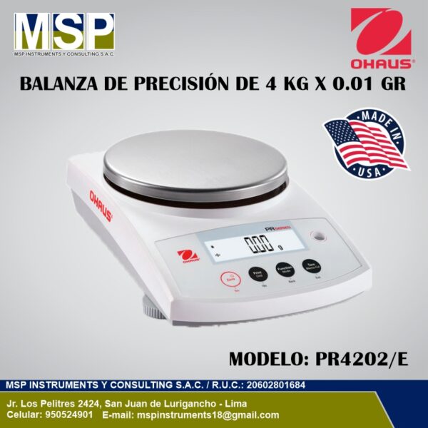 Balanza de precisión OHAUS modelo PR4202/E de 4 kg x 0.01 g de MSP Instrumentos.