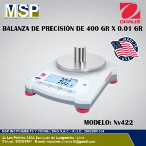 Balanza de precisión OHAUS modelo NV422 de 400 gr x 0.01 gr de MSP Instrumentos.