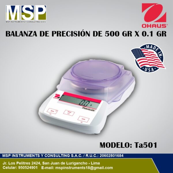 Balanza de precisión OHAUS modelo TA501 de 500 gr x 0.1 gr de MSP Instrumentos.