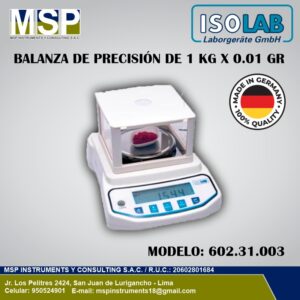 Balanza de precisión de 1 kg x 0.01 g ISOLAB modelo 602.31.003 con vitrina antiviento.