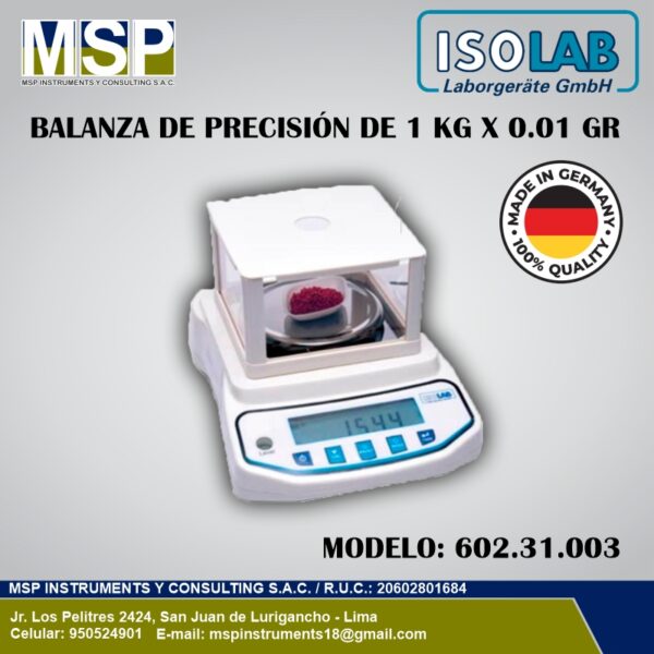 Balanza de precisión de 1 kg x 0.01 g ISOLAB modelo 602.31.003 con vitrina antiviento.