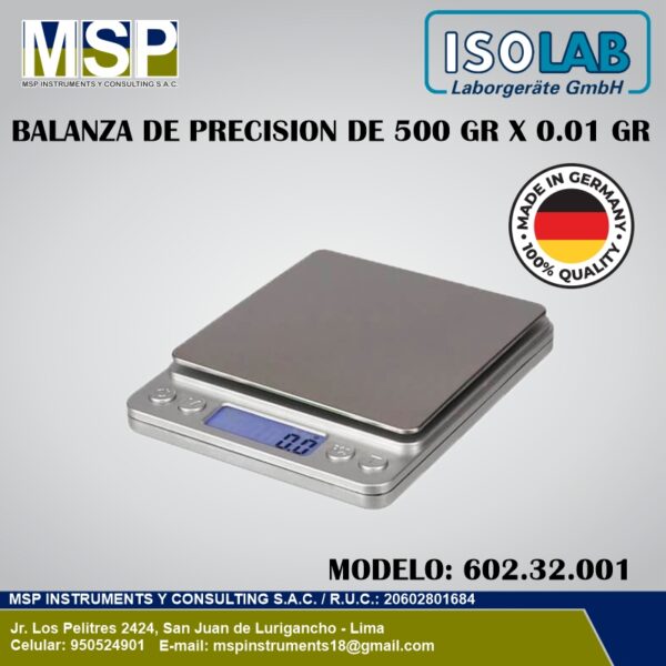 Balanza de precisión de 500 g x 0.01 g ISOLAB modelo 602.32.001.