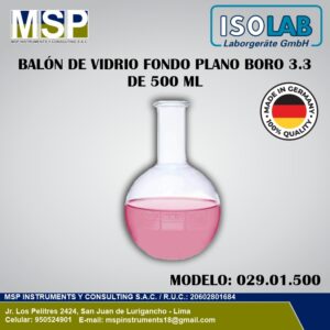Balón de vidrio fondo plano boro 3.3 de 500 ml ISOLAB modelo 029.01.500.