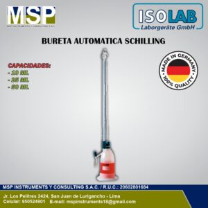 Bureta automática Schilling ISOLAB de vidrio con frasco de plástico.