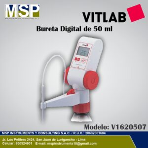 Bureta digital de 50 ml VITLAB modelo V1620507 para titulación en laboratorio.