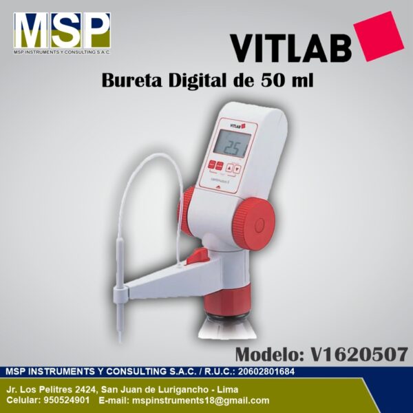 Bureta digital de 50 ml VITLAB modelo V1620507 para titulación en laboratorio.