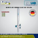 Bureta de vidrio con llave de teflón ISOLAB para análisis volumétrico.
