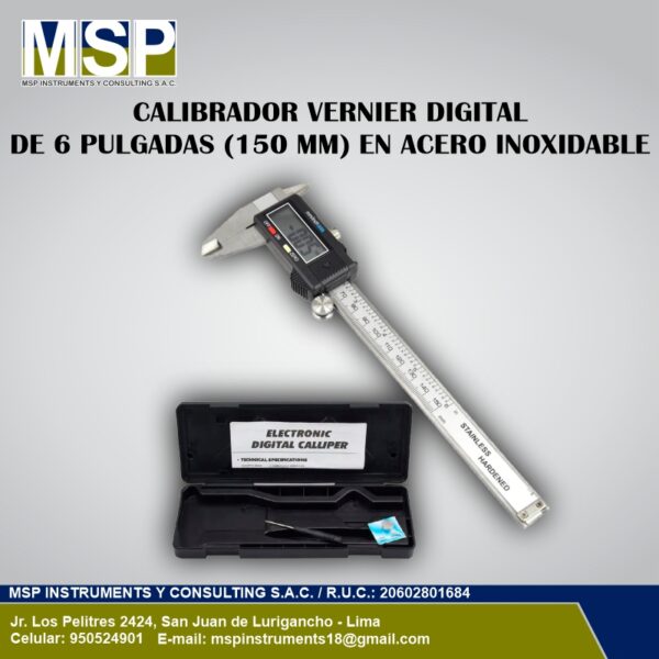 calibrador-vernier-digital-6-pulgadas-150mm-acero-inoxidable Calibrador vernier digital de 6 pulgadas (150 mm) en acero inoxidable.