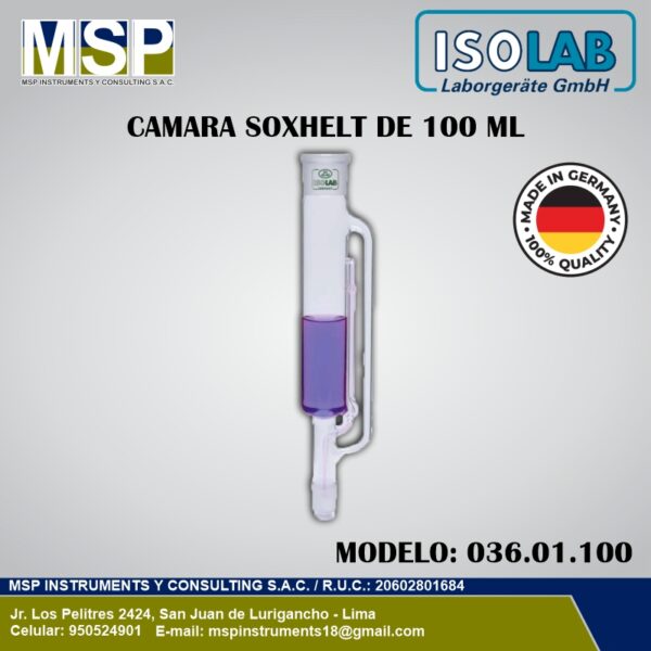 Cámara Soxhlet de vidrio de 100 ml ISOLAB modelo 036.01.100.