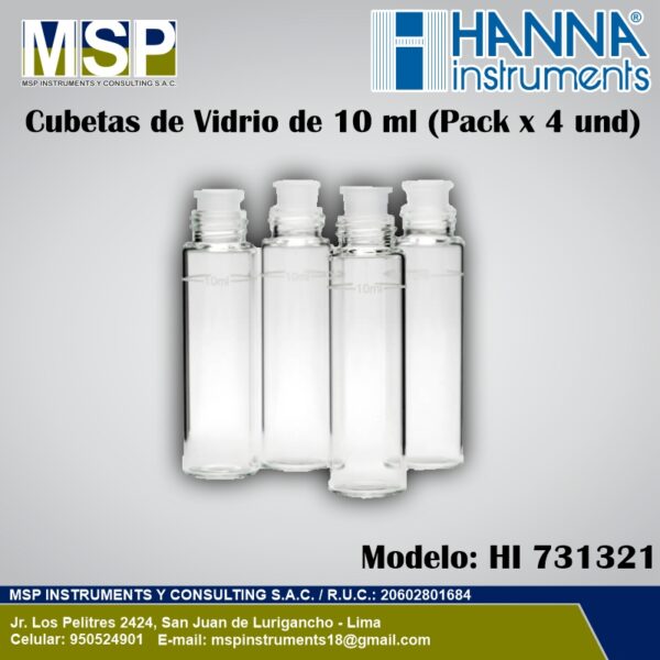 Pack de 4 cubetas de vidrio redondas de 10 ml con tapas marca Hanna Instruments modelo HI 731321