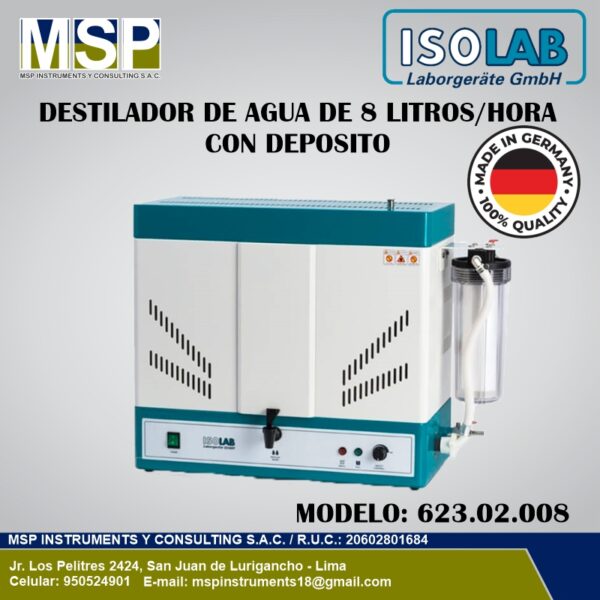 Destilador de Agua de 8 L/h con Depósito - ISOLAB Destilador de Agua de 8 L/h ISOLAB con depósito para laboratorio
