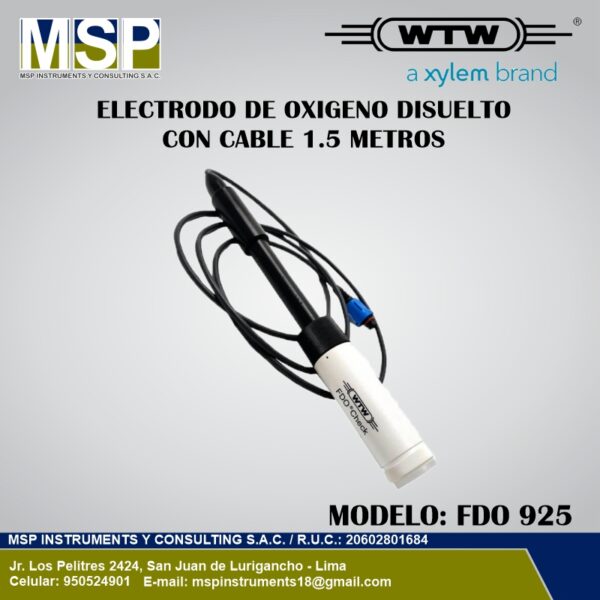 Electrodo Oxigeno Disuelto WTW FDO 925 Electrodo de oxigeno disuelto WTW FDO 925 con cable de 1.5 metros por MSP Instruments.