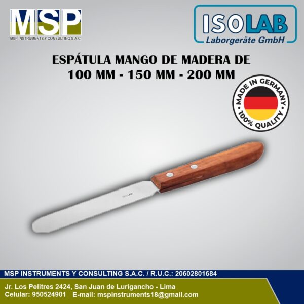Espátula de laboratorio con mango de madera ISOLAB Espátula de laboratorio con mango de madera ISOLAB de acero inoxidable.