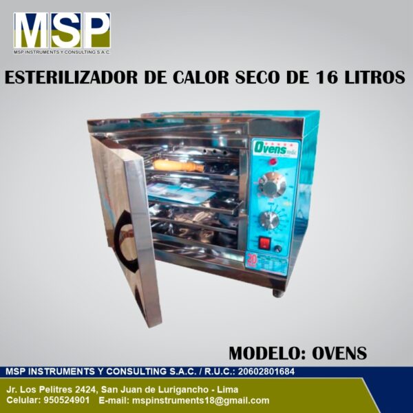 Esterilizador de Calor Seco OVENS 16 Litros Esterilizador de calor seco de 16 litros modelo OVENS con puerta abierta.