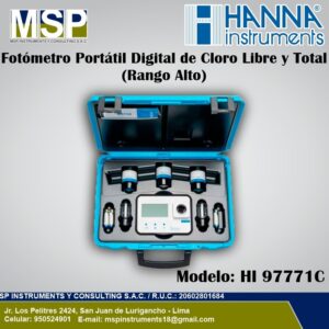 Fotómetro portátil digital de cloro libre y total rango alto Hanna Instruments modelo HI 97771C.