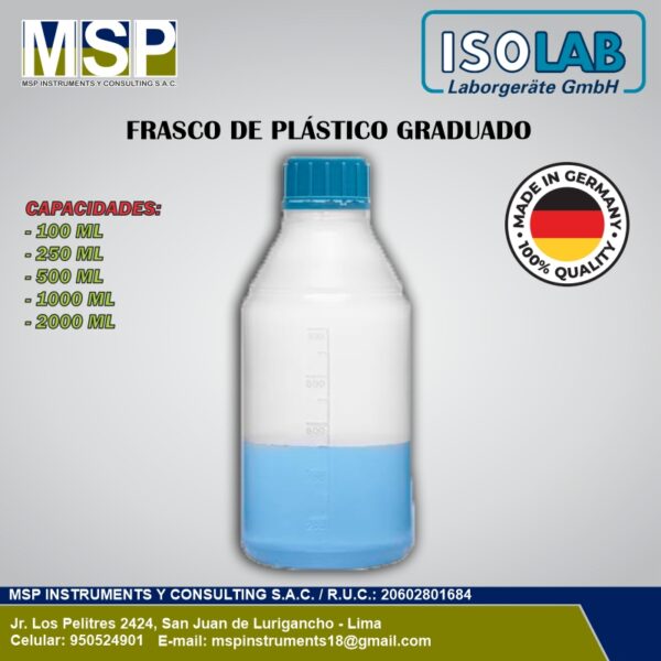 Frasco de plástico graduado ISOLAB de polietileno para laboratorio.