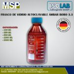 Frasco de vidrio autoclavable ámbar borosilicato 3.3 marca ISOLAB.