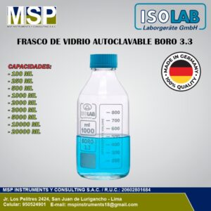 Frasco de vidrio autoclavable transparente borosilicato 3.3 marca ISOLAB.