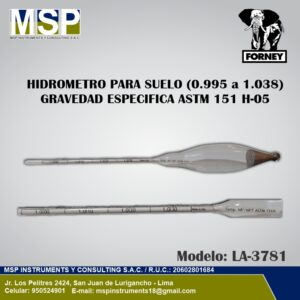 Hidrómetro para suelo de 0.995 a 1.038 gravedad específica ASTM 151 H-05 FORNEY modelo LA-3781.