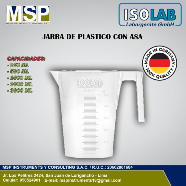 Jarra de plástico graduada con asa ISOLAB para laboratorio