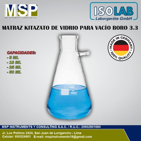 Matraz kitazato de vidrio para vacío borosilicato 3.3 marca ISOLAB.