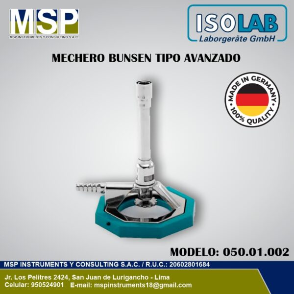 Mechero Bunsen de laboratorio ISOLAB con regulador de gas y aire.