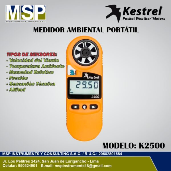 Medidor ambiental portatil Kestrel K2500 con anemometro de MSP Instruments.