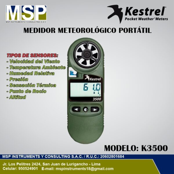 Medidor meteorologico portatil Kestrel K3500 con presion barometrica de MSP Instruments