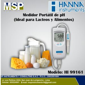 Medidor portátil de pH y temperatura para lácteos y alimentos marca Hanna Instruments modelo HI 99161 junto a una jarra de leche, queso y mantequilla.