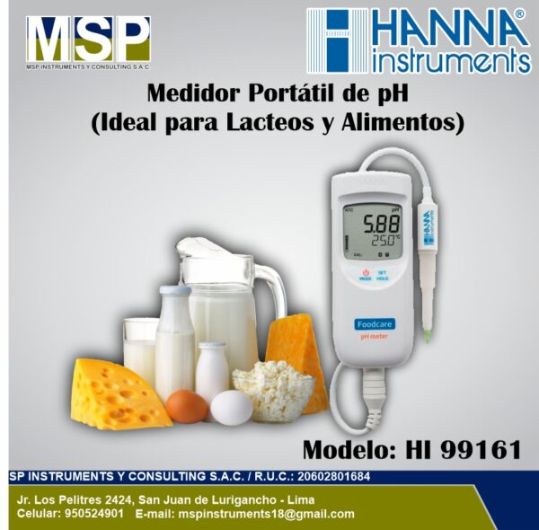 Medidor de pH para Alimentos y Lácteos Hanna Instruments HI 99161 Medidor portátil de pH y temperatura para lácteos y alimentos marca Hanna Instruments modelo HI 99161 junto a una jarra de leche, queso y mantequilla.