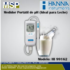 Medidor portátil de pH para leche marca Hanna Instruments modelo HI 99162 al lado de un vaso de leche.