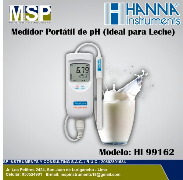 Medidor portátil de pH para leche marca Hanna Instruments modelo HI 99162 al lado de un vaso de leche.