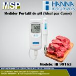 Medidor portátil de pH y temperatura para carne marca Hanna Instruments modelo HI 99163 junto a unos trozos de carne roja fresca