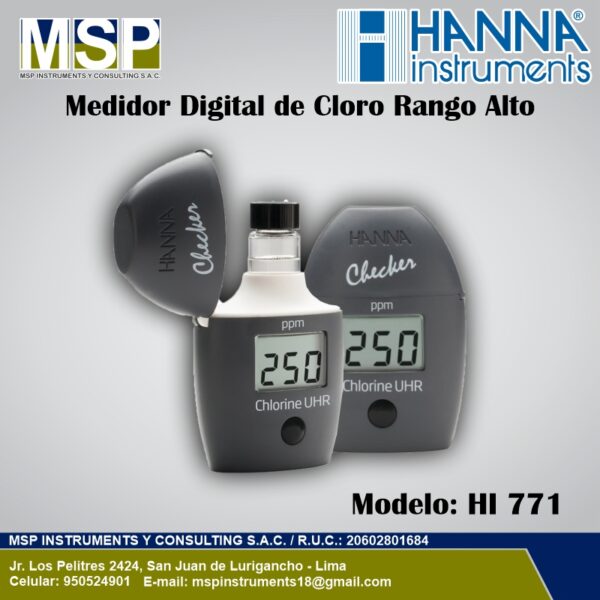 Medidor Checker digital de cloro de rango alto Hanna Instruments HI 771 con viales de muestra