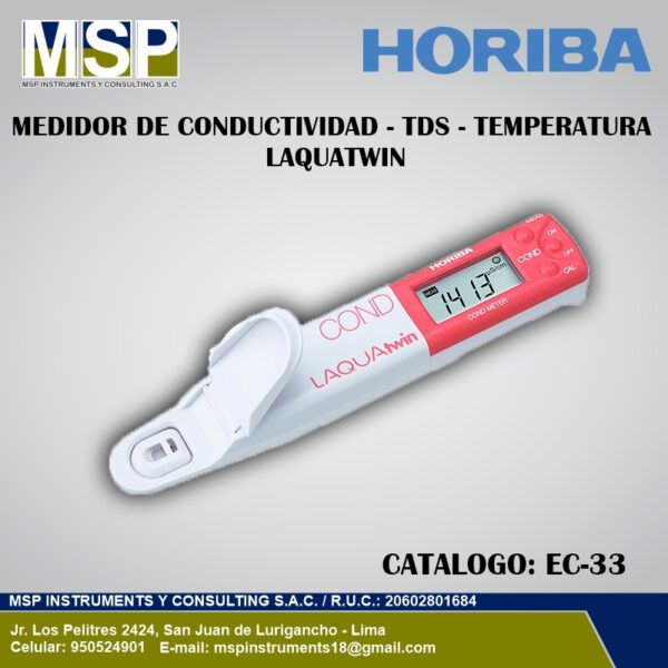 Medidor portátil de conductividad eléctrica, sólidos disueltos totales TDS y temperatura Horiba LAQUAtwin.