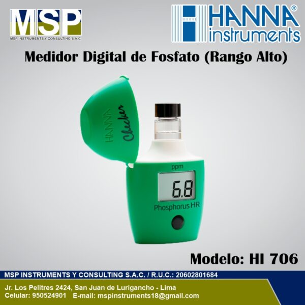 Colorímetro Digital de Fosfato Rango Alto Hanna Instruments HI 706 Colorímetro portátil digital Checker de fosfato en rango alto marca Hanna Instruments modelo HI 706 con una cubeta insertada
