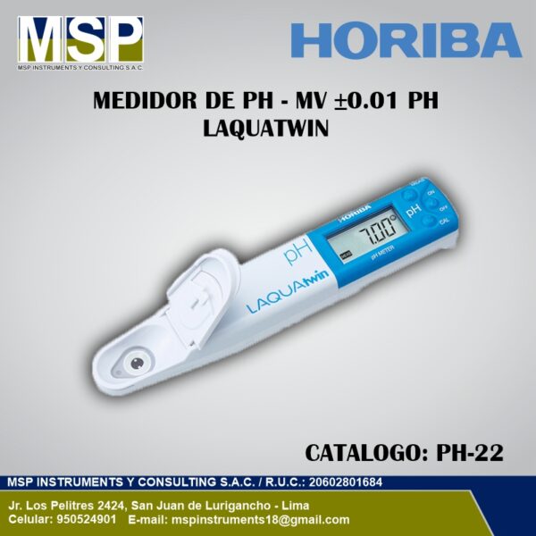 Medidor de pH - MV ±0.01 pH LAQUAtwin PH-22 HORIBA Medidor de bolsillo LAQUAtwin PH-22 de Horiba con precisión de ±0.01 pH.